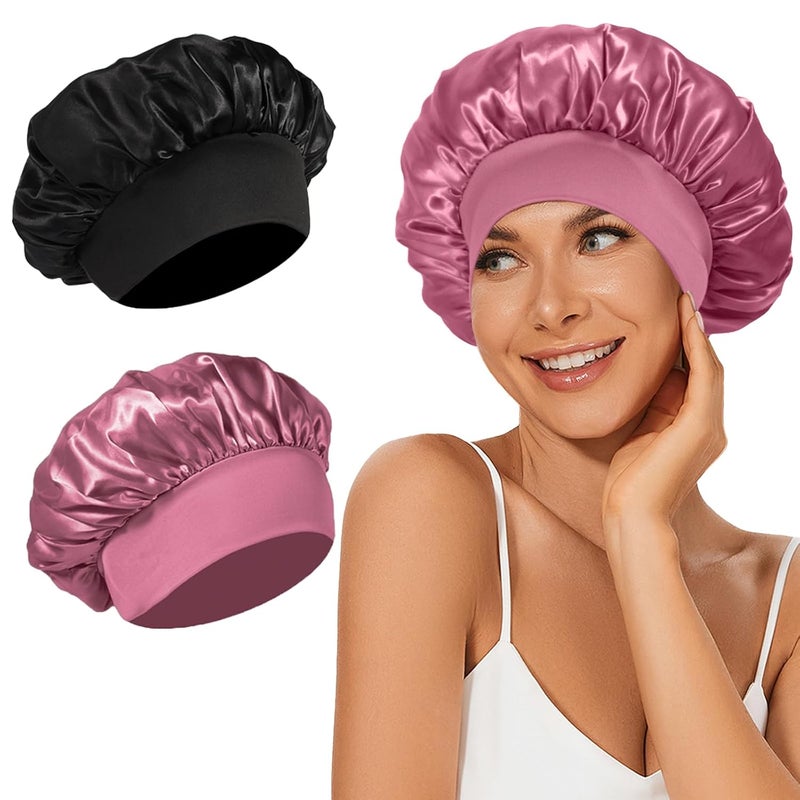 LEADUWAY 2Pcs Satin Bonnets Silk Bonnet for Sleeping Hair Bonnet for Curly Hair(Black&Rose Pink） - Image 1